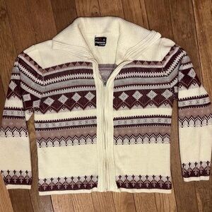 Vintage Dimensions Cream Tan Maroon Zip Front Nordic Fair Isle Cardigan Jacket